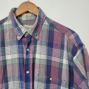 Eddie Bauer Short Sleeve Blue Plaid Cotton Button Down Shirt Large